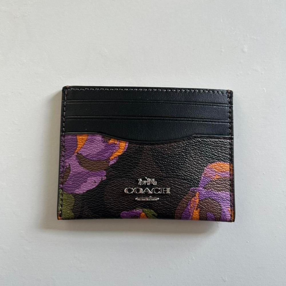 Coach Rose Print Brown Signature Canvas Card Case ID Holder CL468 NEW